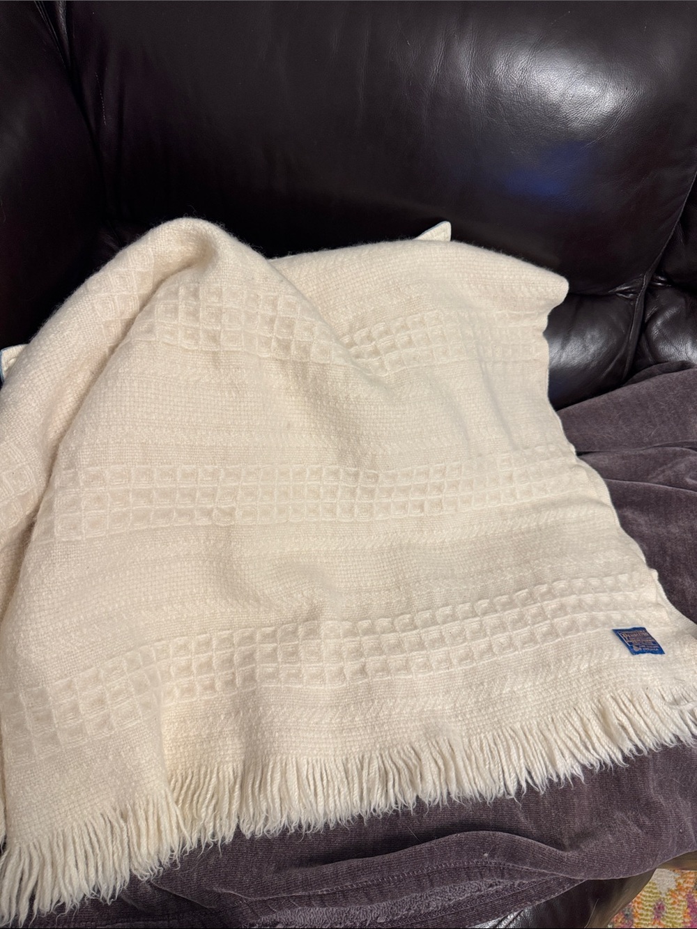 Vintage Pendleton Cream Waffle-Pattern Fringe Throw Blanket